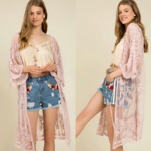 POL PINK LACE LONG KIMINO WITH TIE AT WAIST SUZE MEDIUM LARGE NWOT